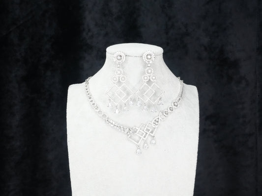 Silver White American Diamond CZ Necklace Set With Matching Earrings Bridal Set