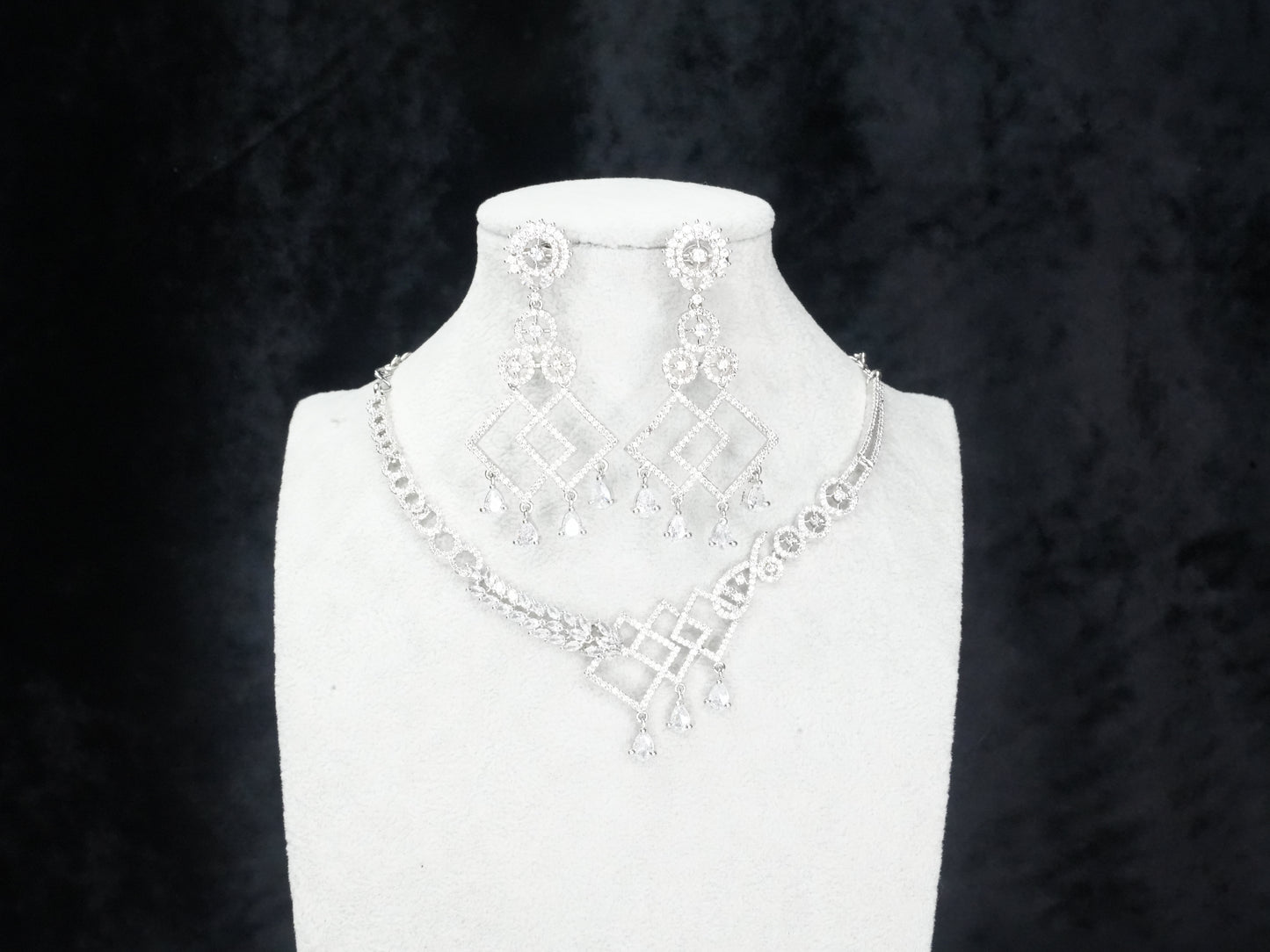 Silver White American Diamond CZ Necklace Set With Matching Earrings Bridal Set