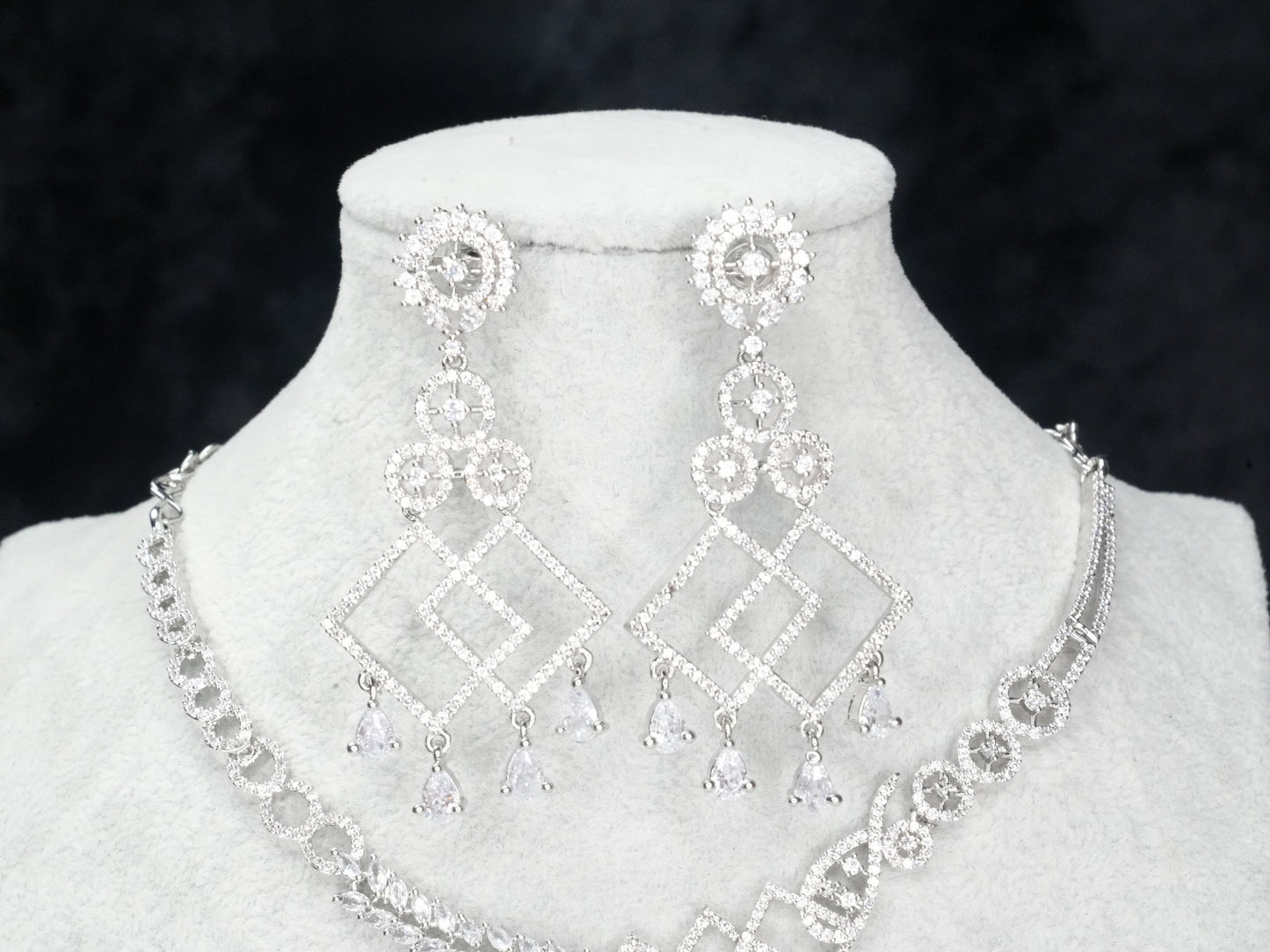 Silver White American Diamond CZ Necklace Set With Matching Earrings Bridal Set