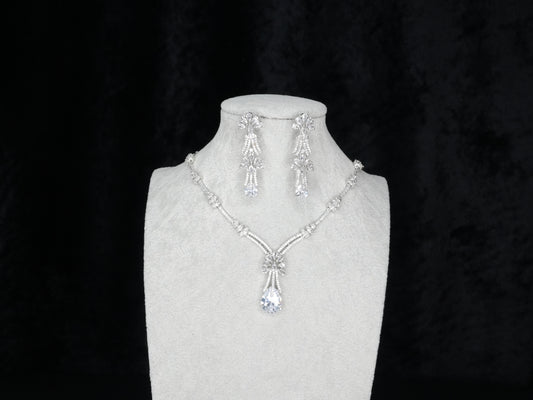 Silver White American Diamond Cz Necklace Jewelry Bridal Set