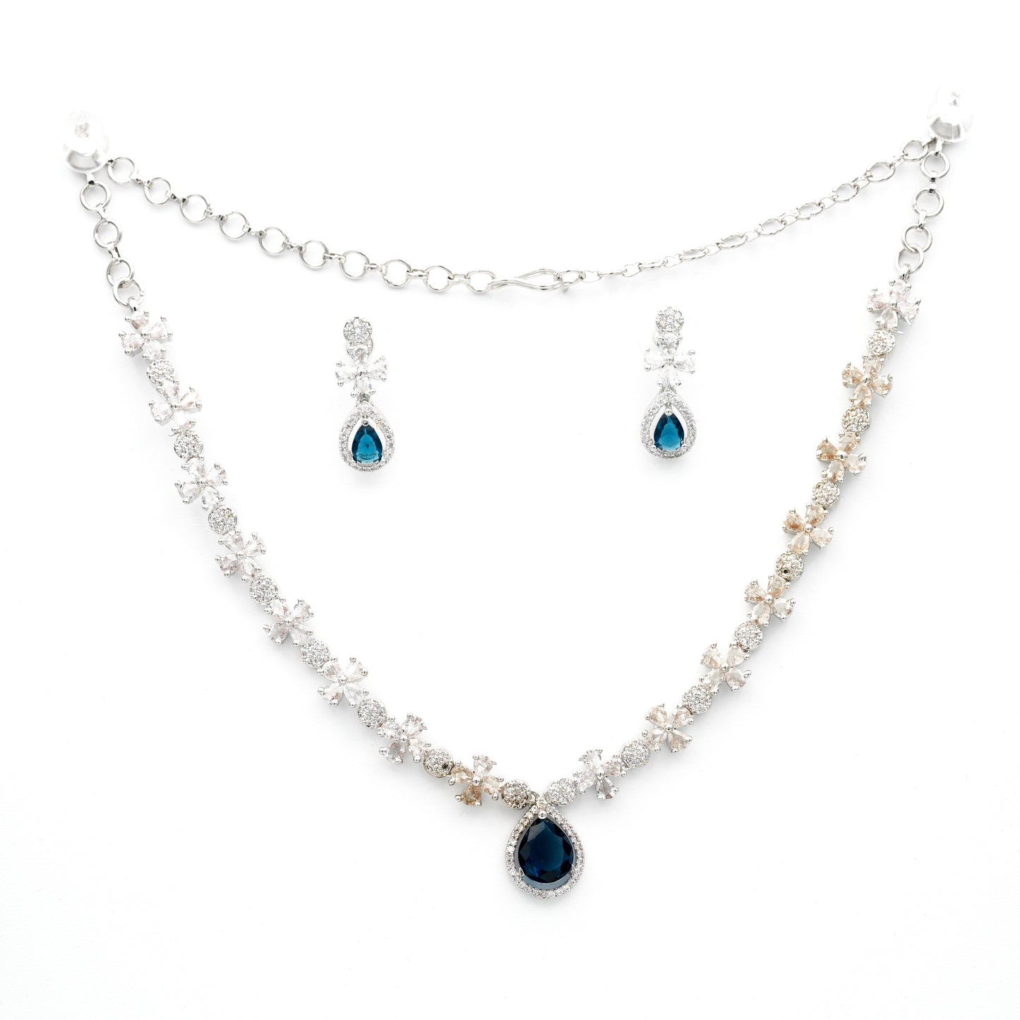 Elegant Sapphire Blue Teardrop Necklace & Earring Set – Silver-Tone CZ Crystal Bridal Jewelry
