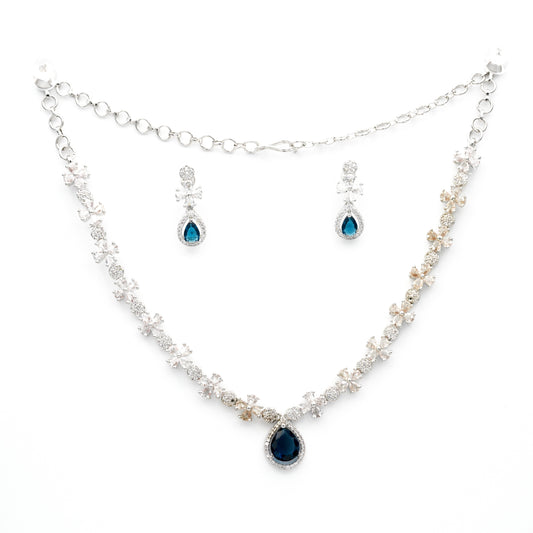 Elegant Sapphire Blue Teardrop Necklace & Earring Set – Silver-Tone CZ Crystal Bridal Jewelry