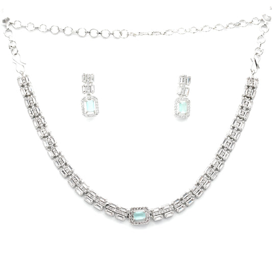 Luxury Mint Green Baguette-Cut Necklace & Earring Set in Silver Finish