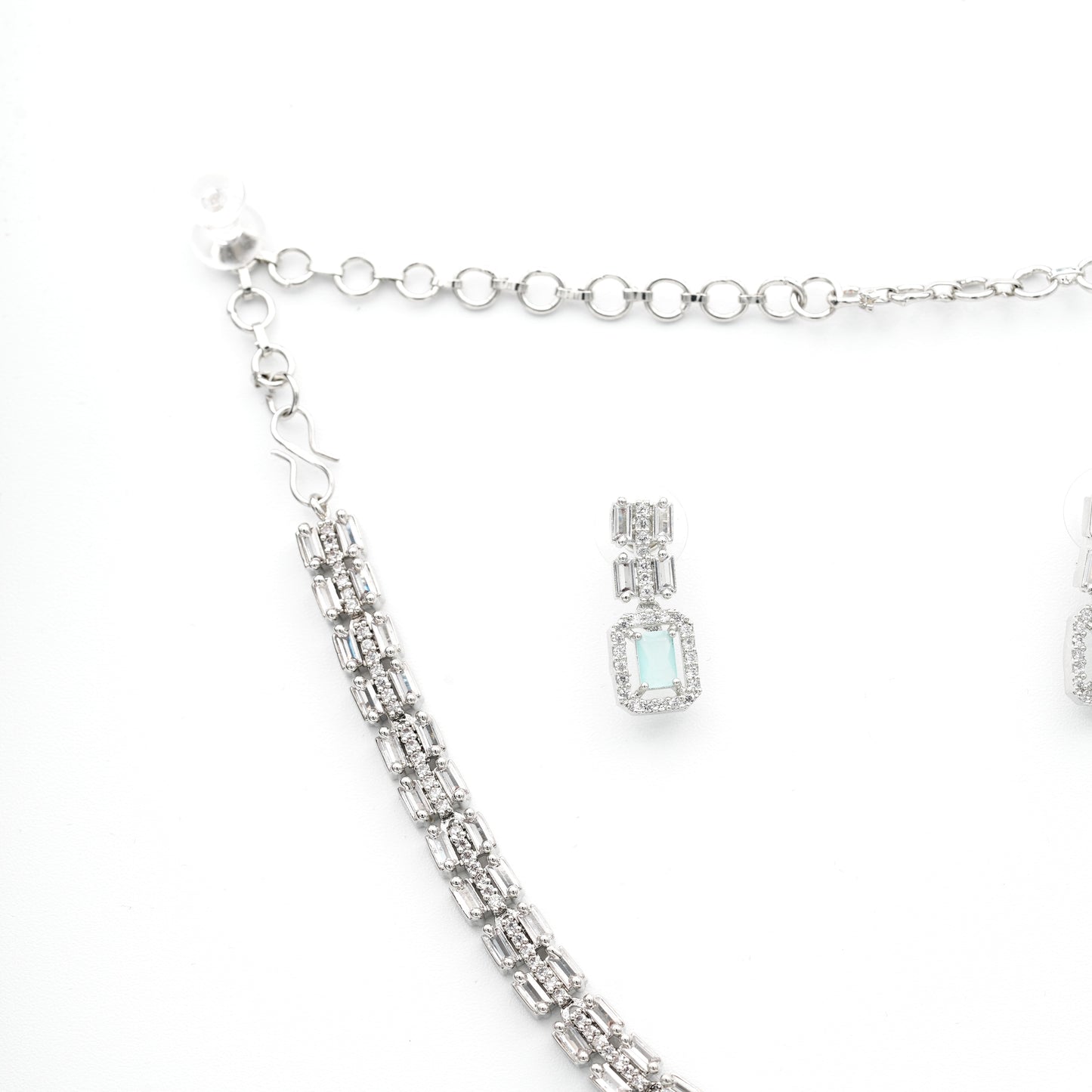 Luxury Mint Green Baguette-Cut Necklace & Earring Set in Silver Finish