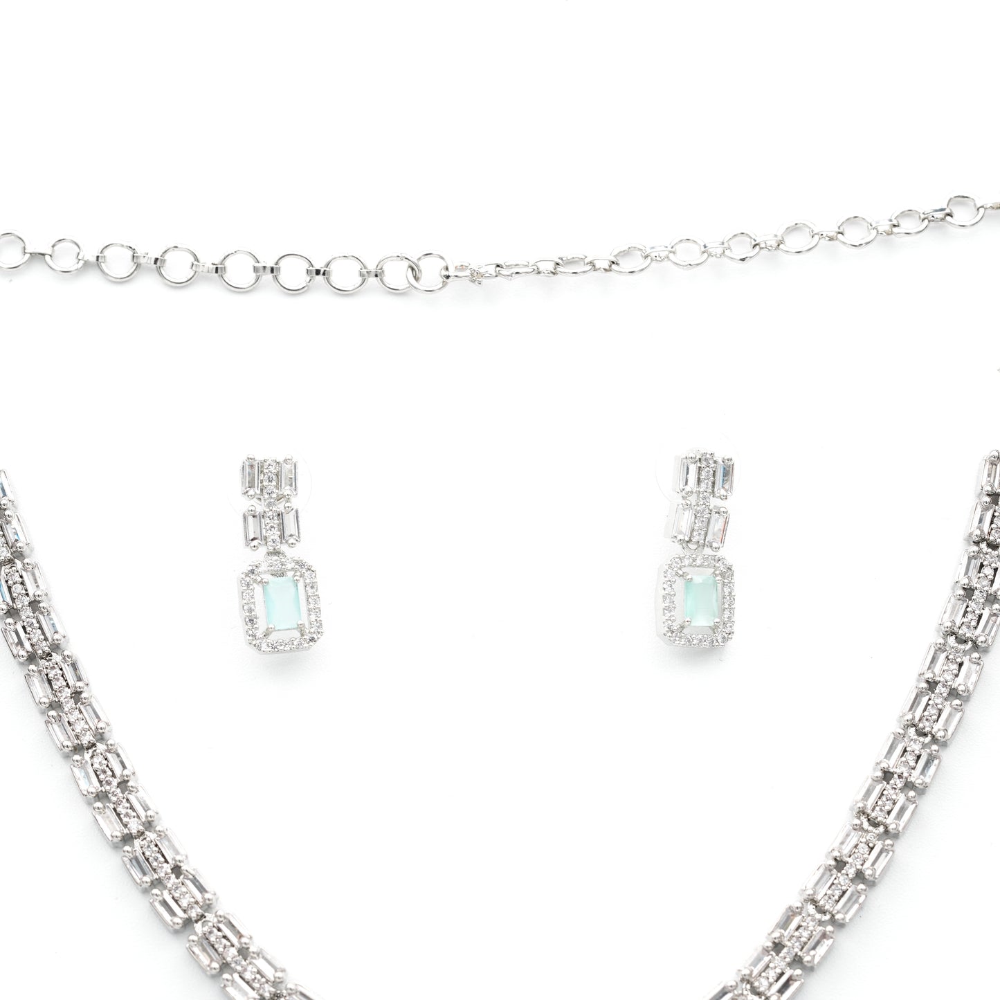 Luxury Mint Green Baguette-Cut Necklace & Earring Set in Silver Finish