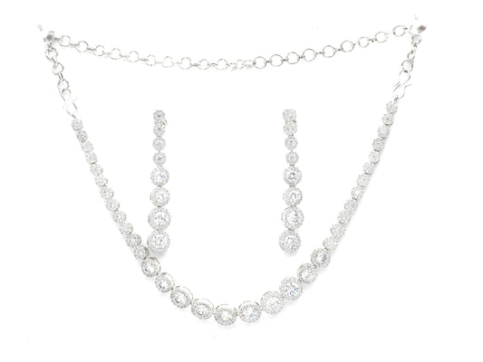 Classic Round Cut CZ Tennis Necklace & Earring Set – Silver-Tone Bridal Jewelry