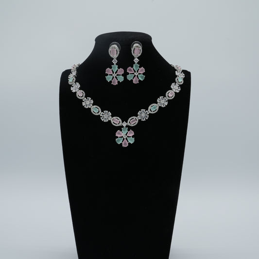 Pink and Green Silver American Diamond Cz Necklace Jewelry Colourful set