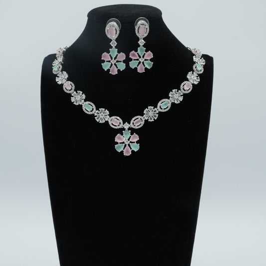 Pink and Green Silver American Diamond Cz Necklace Jewelry Colourful set