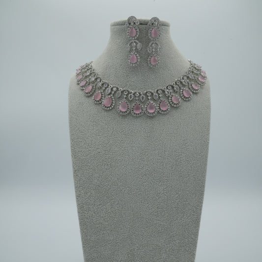 Pink Silver American Diamond Cz Necklace Jewelry Bridal set