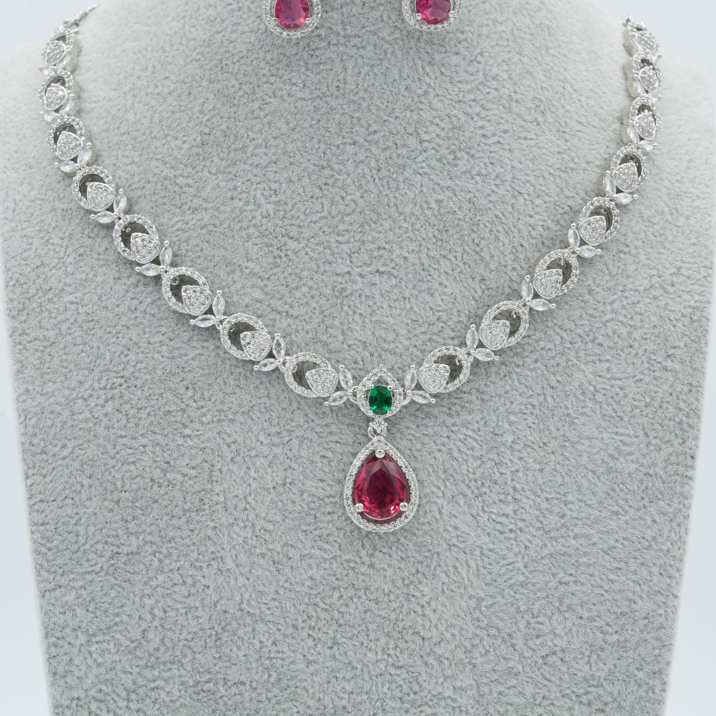 Red And Green Silver American Diamond Cz Necklace Jewelry Colourful set