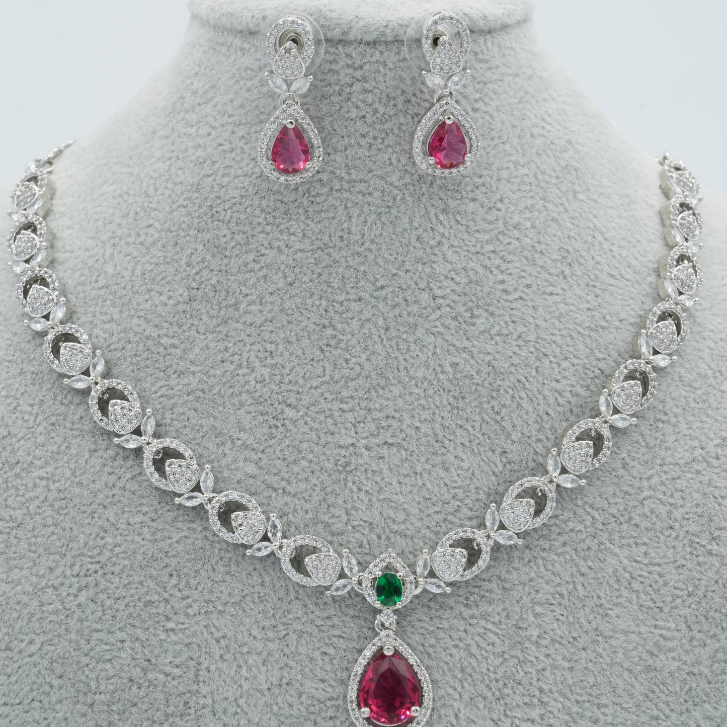 Red And Green Silver American Diamond Cz Necklace Jewelry Colourful set