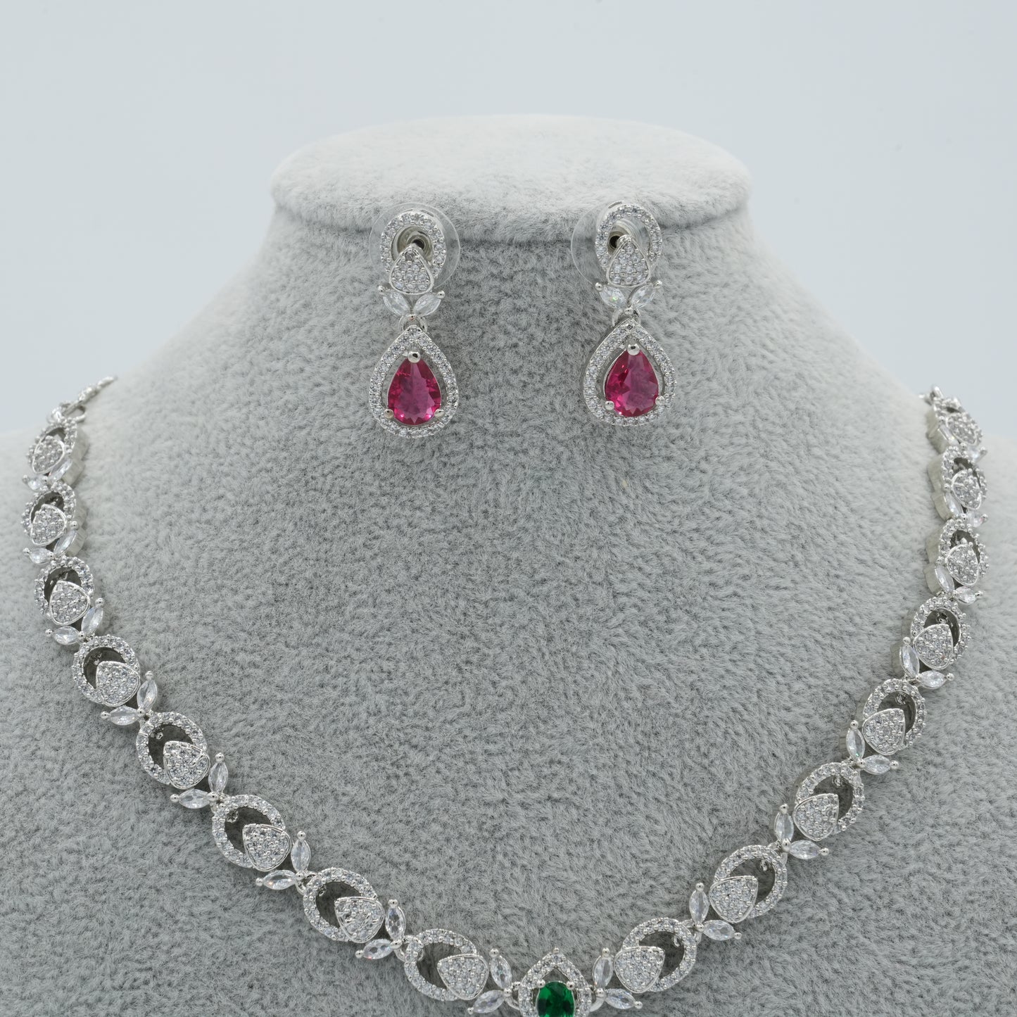 Red And Green Silver American Diamond Cz Necklace Jewelry Colourful set
