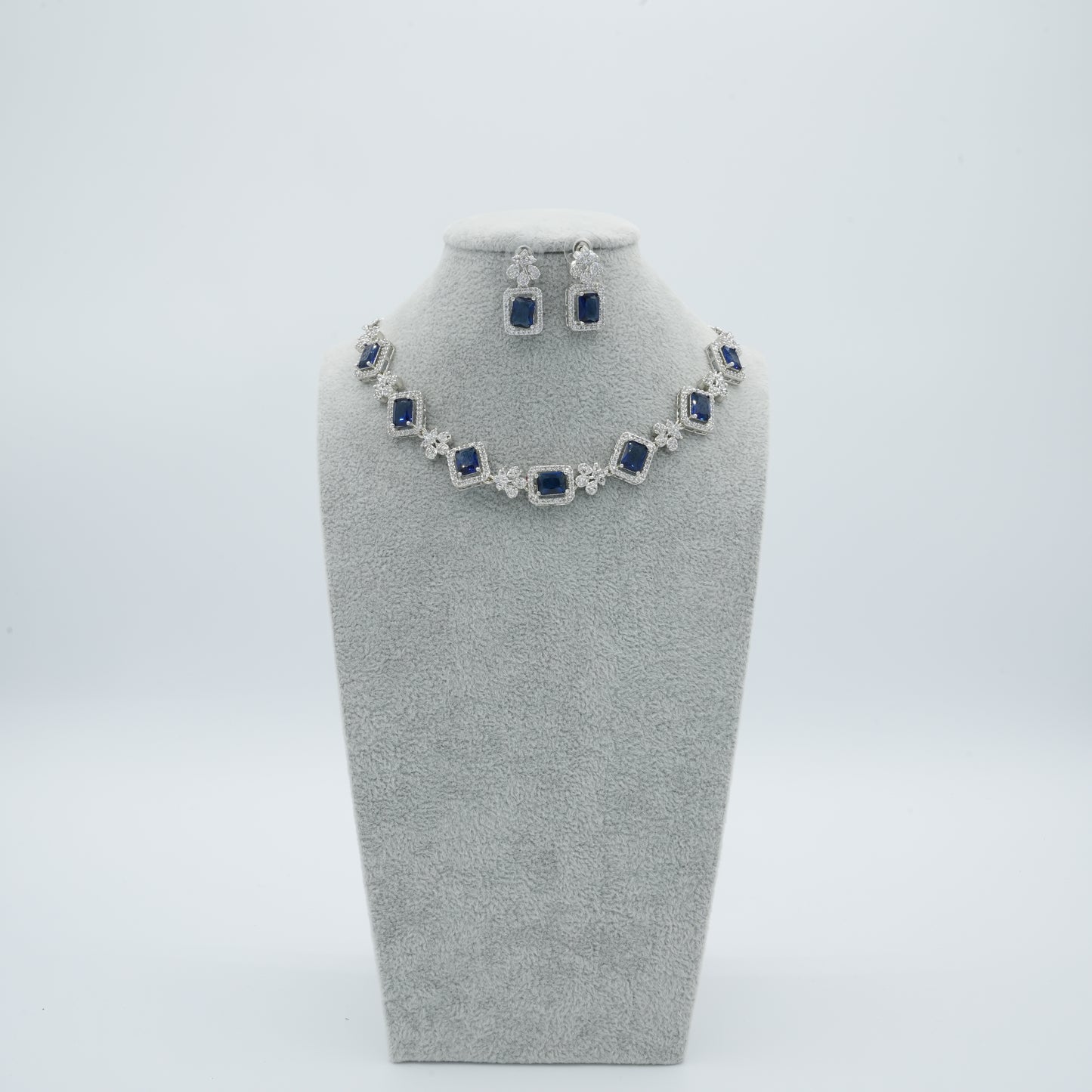 Blue Silver American Diamond Cz Necklace Jewelry Blue set