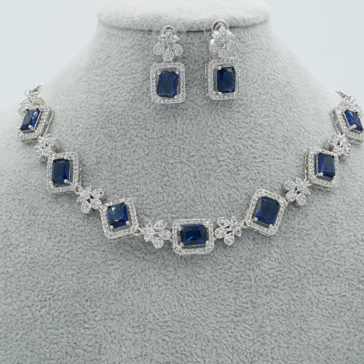 Blue Silver American Diamond Cz Necklace Jewelry Blue set