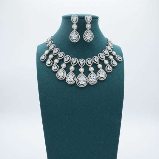 Silver White American Diamond  CZ Necklace Jewelry Bridal Silver set