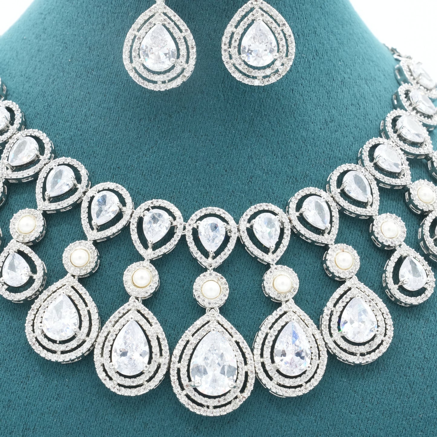 Silver White American Diamond  CZ Necklace Jewelry Bridal Silver set