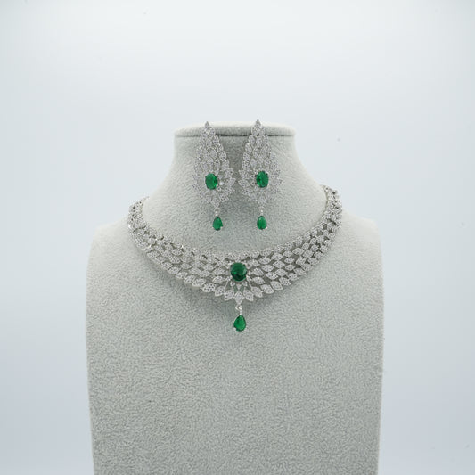 Silver Green American Diamond Cz Necklace Jewelry green set