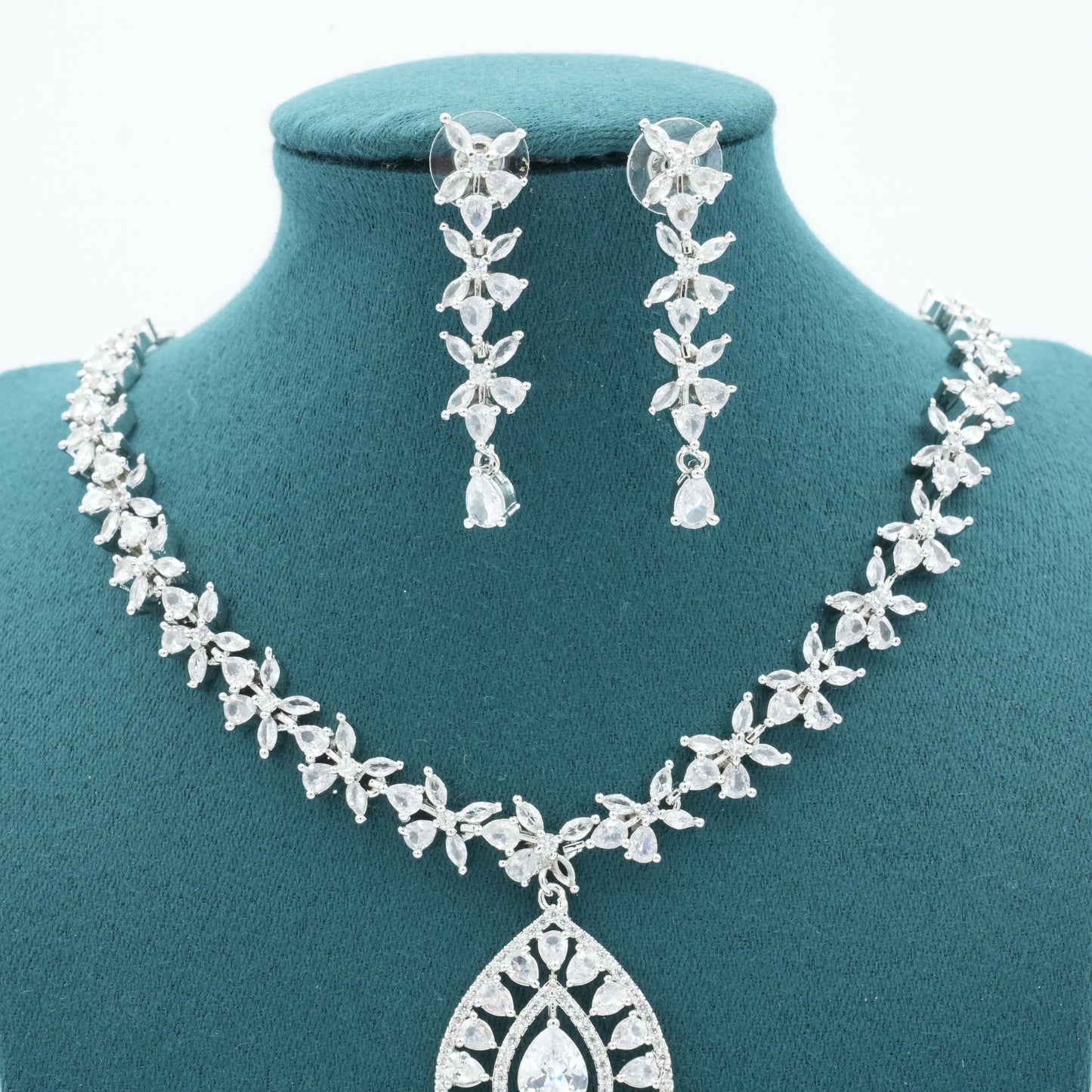 Silver White American Diamond Cz Necklace Jewelry Crystal Clear Set